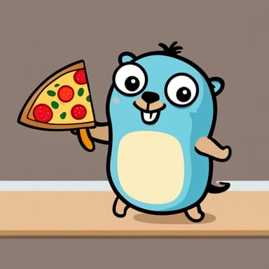 Go Blue Gopher smiling and bringing a pizza slice in his hand.