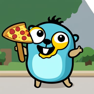 Go Blue Gopher smiling and bringing a pizza slice in his hand.