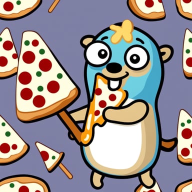 Go Blue Gopher smiling and bringing a pizza slice in his hand.