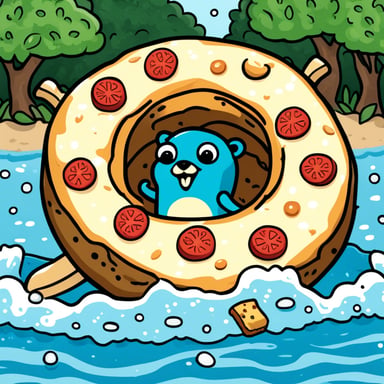 Go Blue Gopher swimming in a swimming ring and eating a slice of margherita pizza.