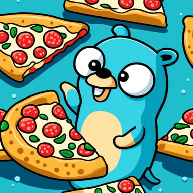 Go Blue Gopher swimming in a swimming ring and eating a slice of margherita pizza.