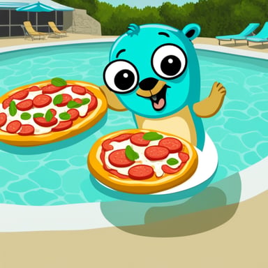 Go Blue Gopher swimming in a swimming ring and eating a slice of margherita pizza.