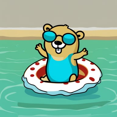 Go Blue Gopher swimming in a swimming ring and eating a slice of margherita pizza.