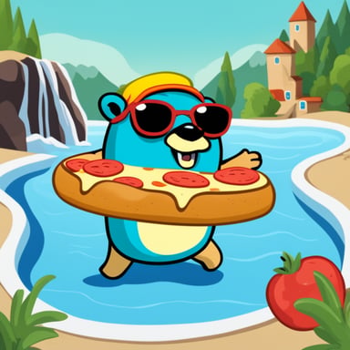Go Blue Gopher swimming in a swimming ring and holding a slice of margherita pizza in his hand.