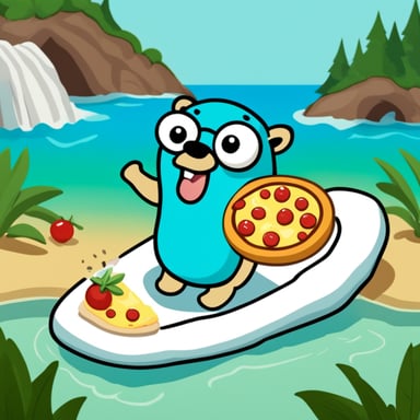 Go Blue Gopher swimming in a swimming ring and holding a slice of margherita pizza in his hand.