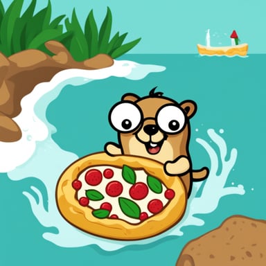 Go Blue Gopher swimming in a swimming ring and holding a slice of margherita pizza in his hand.