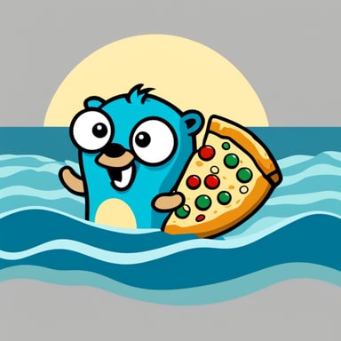 Go Blue Gopher swimming in a swimming ring and holding a slice of margherita pizza in his hand.