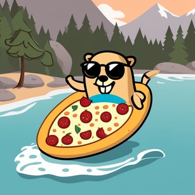 Go Blue Gopher chilling in a swimming ring and holding a slice of margherita pizza in his hand.