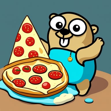 Go Blue Gopher chilling in a swimming ring and holding a slice of margherita pizza in his hand.