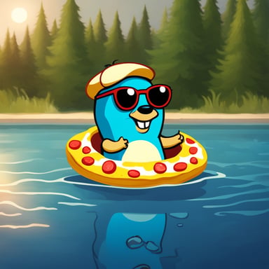 Go Blue Gopher chilling in a swimming ring and holding a slice of margherita pizza in his hand.