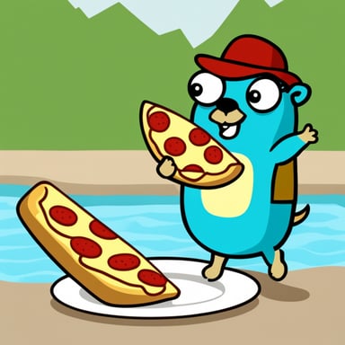 Go Blue Gopher chilling in a swimming ring and holding a slice of margherita pizza in his hand.