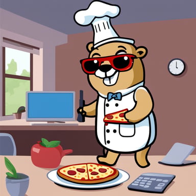 Go Blue Gopher is heating a slice of margherita pizza while coding.