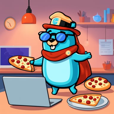 Go Blue Gopher is heating a slice of margherita pizza while coding.