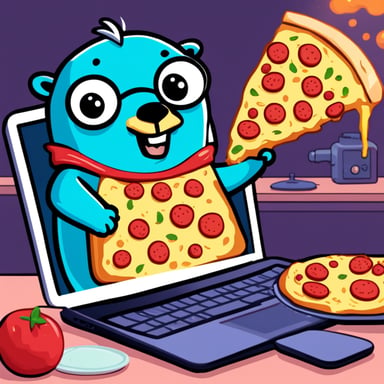 Go Blue Gopher is heating a slice of margherita pizza while coding.
