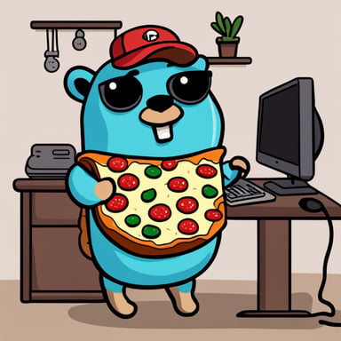 Go Blue Gopher heating a slice of margherita pizza while sitting in front of his PC station.
