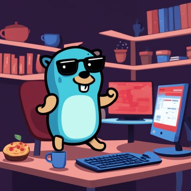 Go Blue Gopher heating a slice of margherita pizza while sitting in front of his PC station.