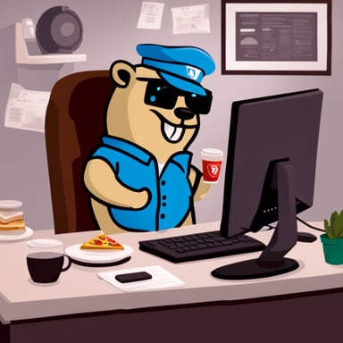 Go Blue Gopher heating a slice of margherita pizza while sitting in front of his PC station.