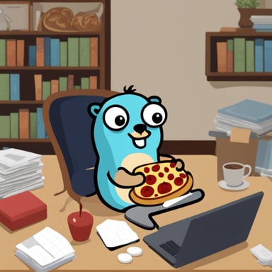 Go Blue Gopher is compiling a program while eating pizza.