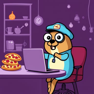 Go Blue Gopher is compiling a program while eating pizza.