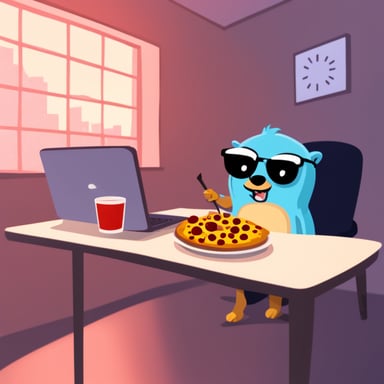 Go Blue Gopher is compiling a program while eating pizza.