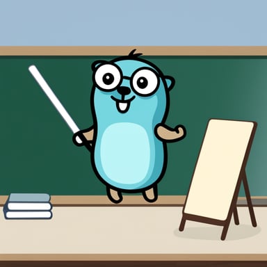 A go blue gopher acting like a master and holding a master's wand while pointing at a white board.