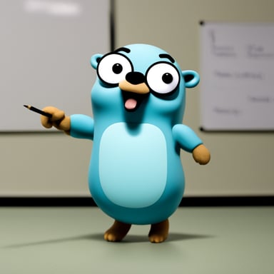 A go blue gopher acting like a master and holding a master's wand while pointing at a white board.