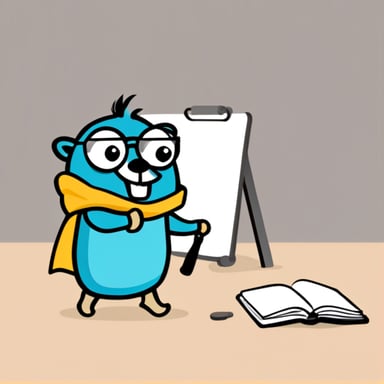 A go blue gopher acting like a master and holding a master's wand while pointing at a white board.
