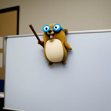 A go blue gopher acting like a master and holding a master's wand while pointing at a white board.