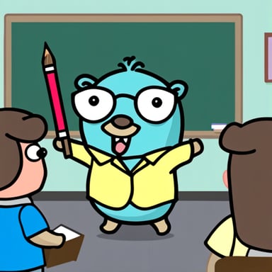 Go blue gopher acting like a teacher holding a teacher's wand while pointing at a whiteboard.