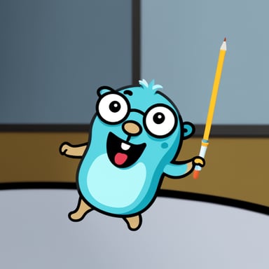 Go blue gopher acting like a teacher holding a teacher's wand while pointing at a whiteboard.