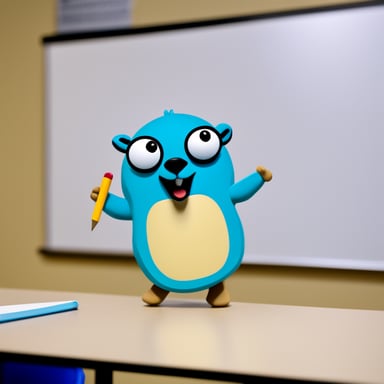 Go blue gopher acting like a teacher holding a teacher's wand while pointing at a whiteboard.