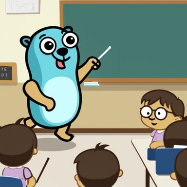 Go blue gopher acting like a teacher holding a teacher's wand while pointing at a whiteboard.