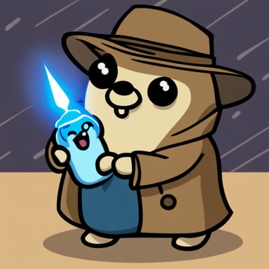 Go Blue Gopher holding a trading card that's charged up and ready to explode, with a very determined look on its face. It's wearing a long brown trench coat.