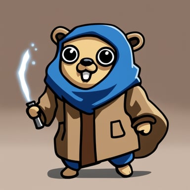 Go Blue Gopher holding a trading card that's charged up and ready to explode, with a very determined look on its face. It's wearing a long brown trench coat.
