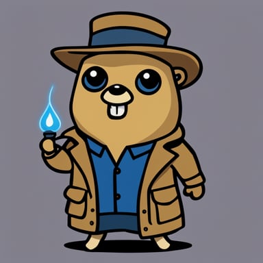 Go Blue Gopher holding a trading card that's charged up and ready to explode, with a very determined look on its face. It's wearing a long brown trench coat.