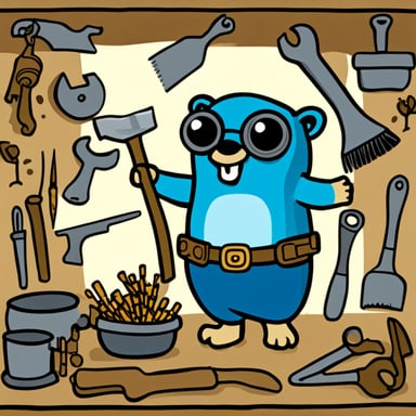 Go Blue Gopher: Jack of all trades and master of all, adeptly holding many tools, showcasing versatility and skill.