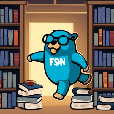 Generate a fast go blue gopher with some lightning strikes on him and the words fson depicted clearly. It should evoke that the library it represents is fast and allocation-free.