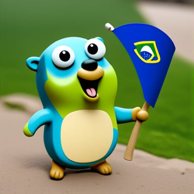 Happy Go Blue Gopher holding a green and yellow flag (Brazil).