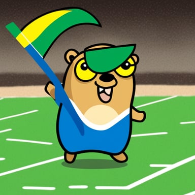 Happy Go Blue Gopher holding a green and yellow flag (Brazil).