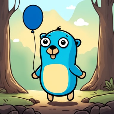The Go Blue Gopher is depicted as a 2D Golang gopher, surrounded by different option balloons, appearing thoughtful and thinking.