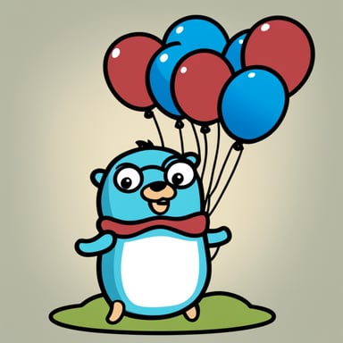 The Go Blue Gopher is depicted as a 2D Golang gopher, surrounded by different option balloons, appearing thoughtful and thinking.