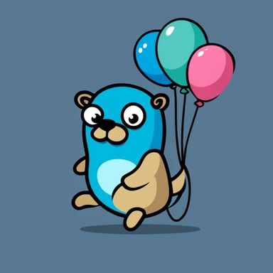 The Go Blue Gopher is depicted as a 2D Golang gopher, surrounded by different option balloons, appearing thoughtful and thinking.