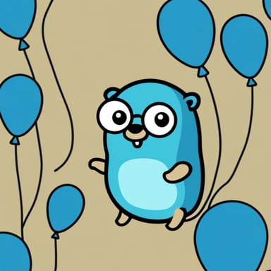 The Go Blue Gopher is depicted as a 2D Golang gopher, surrounded by different option balloons, appearing thoughtful and thinking.