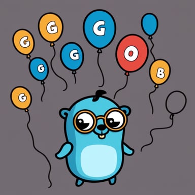 The Go Blue Gopher is depicted as a 2D Golang gopher, surrounded by numerous different option balloons, appearing thoughtful, thinking, and smart.