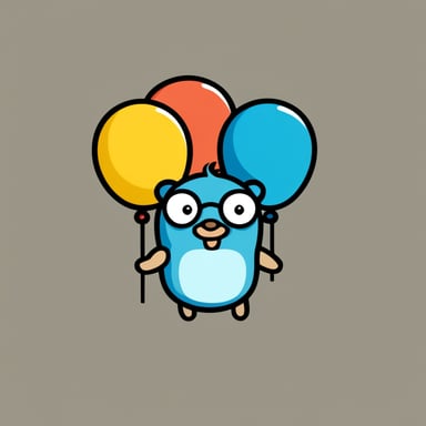 The Go Blue Gopher is depicted as a 2D Golang gopher, surrounded by numerous different option balloons, appearing thoughtful, thinking, and smart.