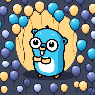 The Go Blue Gopher is depicted as a 2D Golang gopher, surrounded by numerous different option balloons, appearing thoughtful, thinking, and smart.