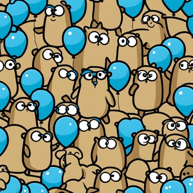 The Go Blue Gopher is depicted as a 2D Golang gopher, surrounded by numerous different option balloons, appearing thoughtful, thinking, and smart.