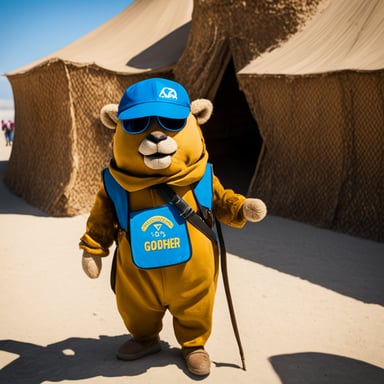 Go Blue Gopher in Ranger gear at Burning Man during the day.
