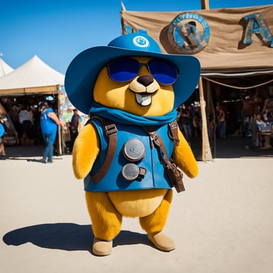 Go Blue Gopher in Ranger gear at Burning Man during the day.