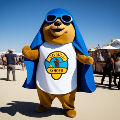 Go Blue Gopher in Ranger gear at Burning Man during the day.